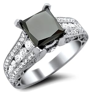 2.91ct Black Princess Cut Diamond Engagement Ring 18k White Gold With a 1.81ct Center Diamond and 1.10ct of Surrounding Diamonds