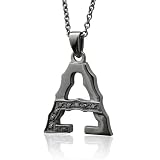 Men's Black Sterling Silver Alphabet Initial Letter A Black Diamond Pendant Necklace-0.11 carat