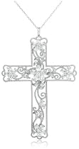 Sterling Silver Cubic Zirconia Filigree Cross Pendant, 18"