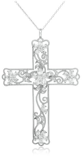 Sterling Silver Cubic Zirconia Filigree Cross Pendant Necklace, 18