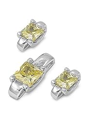 Sterling Silver Elegant Square Design Pendant and Earrings Jewelry Set with Peridot CZ