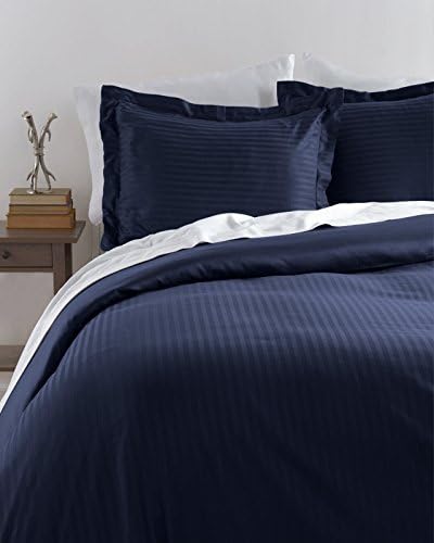 HLC.ME Venice Hotel Ultra-Soft Woven Stripe Duvet Set (Full/Queen, Navy)