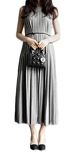 Notting hill 春夏 大人 レディース ワンピース プリーツ ドレス ロング丈 ノースリーブ リネン カジュアル シンプル かわいい きれいめ シック スタイル スリム グレー サイズ S〜XL SSK-0196