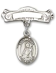 Sterling Silver Baby Badge with St. Lucia of Syracuse Charm and Arched Polished Badge Pin