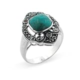 Art Deco Squared Natural Turquoise and Marcasite Sterling Silver Ring Size @Size
