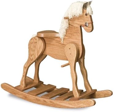 FireSkape Medium Deluxe Amish Crafted Solid Oak Natural Finished Rocking Horse with White Mane