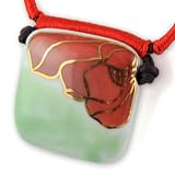 Painted Blush Red And Green Lotus With Fine Gold Detail - Cherry Red Woven Accents - White Hand Made Thick Rounded Square Ceramic Pendant - Dark Brown Adjustable Necklace