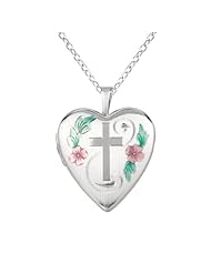 Sterling silver Heart Shaped Locket w/ Cross & Flowers Necklace