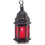 Gifts & Decor Red Glass Metal Moroccan Candle Holder Hanging Lantern
