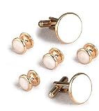 Giorgio Bissoni Round White Stone with Gold Trim Cufflink and Stud set