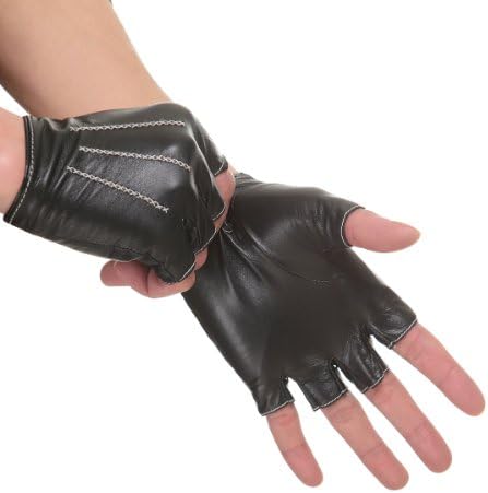 Cyrilus Authentic Men's Driving lampskin Fingerless Leather Gloves 3 lines CYM1314 (L, Black)