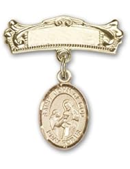 Gold Filled Baby Badge with St. John of God Charm and Arched Polished Badge Pin