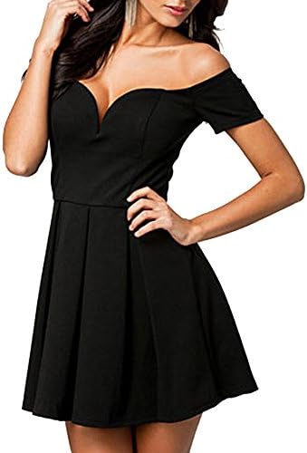 Black Sexy Drop-shoulder Skater Dress Evening Clubwear Mini Party Dress L