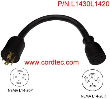 Cordtec Twist Lock Pigtail Adapter 30A 125/250V Locking Plug(L14-30P) to 20A(L14-20R) L1430L1420