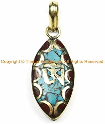Tibetan OM Mantra Charm Pendant with Brass, Turquoise &amp; Coral Inlays - Nepalese Tibetan Pendants Tibetan Jewelry- WM6131-1