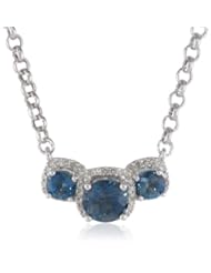 14k White Gold London Blue Topaz and 1/5 cttw Diamond 3 Stone Necklace, 18"