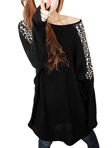 Allegra K Women Leopard Batwing Sleeve Loose Fit Top Tunic T Shirts