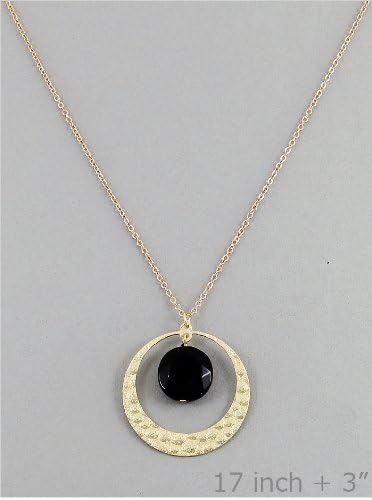 Gold Chain Necklace with Round Pendant and Black Gemstone. Size 17-20 Inch.