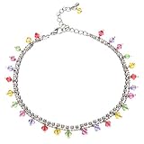Pastel Multi-Colored Faceted Swarovski Crystal with Cubic Zirconia CZ on Rhodium Plated Brass Anklet Bracelet Bracelet 8.5''-10.5''