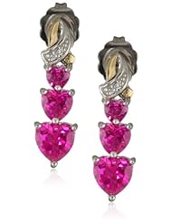XPY Sterling Silver and 14k Yellow Gold Diamond and Heart-Shaped Created Ruby Drop Earrings (0.01cttw, I-J Color, I3 Clarity)