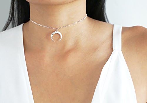 Silver Choker Necklace, Upside Down Moon, Double Horn Necklace, Minimalist Necklace, Sterling Silver