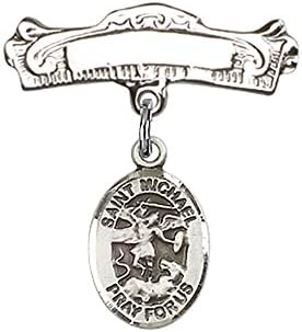 Sterling Silver Baby Badge with St. Michael the Archangel Charm and Arched Polished Badge Pin