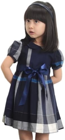 New Blue Baby Korean Cotton Plaid Ribbon Belt Princess Dress (110CM 1/2Bust:30cm Length:57cm)