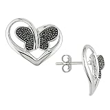 14K White Gold 0.08 ctw Black Diamond Butterfly and Heart Shaped Stud Earrings