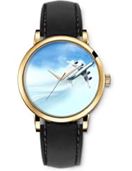 SPRAWL Aanalog Fashion Series Gold Ladies Watches of Genuine Black Leather Strap,Unique Wrist Watch for Women Girls Designed with Aircraft