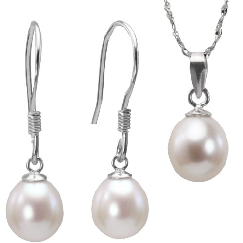 Pearl Essence 7-8mm AAAA Drop Pendant Necklace  Earrings Set in Platinum Overlay CAREFREE Sterling Silver, White