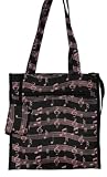 Black Microfiber Zip Close Music Note Tote Bag with pink notes, clefs, symbols