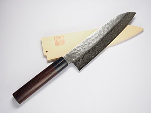 Norisada Hammered Damascus Santoku Knife 7-Inch Shitan Handle & Saya Cover