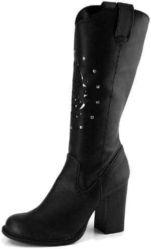 Women's Splash Mid Knee Round Toe Western Cowboy Chunky Heel Boots, 6.5 black