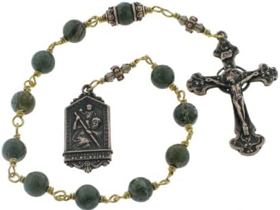 St Christopher Green Brecciated Jasper and Swarovski Crystal Bronze Handmade Wire-Wrapped Catholic Patron Saint of Travel and Motorist One-Decade Pocket Rosary