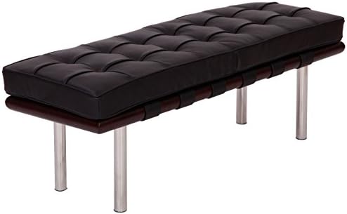 MCM Barcelona Style Modern Leather Bench, Dark Walnut, Black