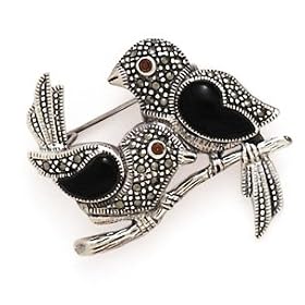Silver Marcasite onyx love Birds Pin (garnet Eyes) by A Great Jewelry Co.