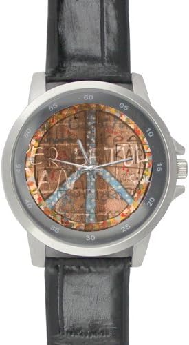 Birthday Gifts Classic Stylish Peace Symbol and Graffiti Black Leather Alloy High-grade Watch