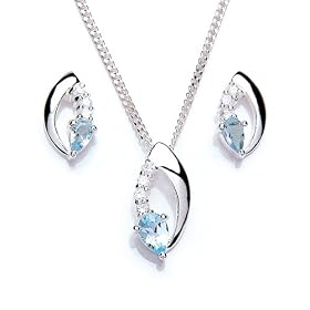 Silver Pendant Necklace and Earrings Set with Sky Blue Topaz and CZ
