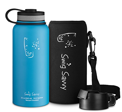 Swig Savvy s Stainless Steel Insulated Water Bottle, Wide Mouth 32 Oz Capacity, Double Wall Design, for Hot and Cold Beverages, Incloueds Pouch and Coffee Lid