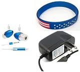 Motorola EM330 Accessory Bundle- Metal Bullet Blue Stereo Headset Earphones + Home Wall Travel Charger + Free Stars Stripes Wristband