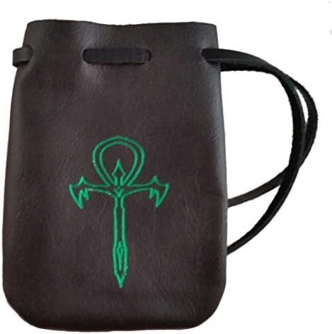 Leather Ankh Dice Bag - Medium 4.5" x 6" Drawstring Pouch (Black Leather with...