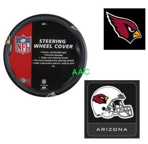 2-Piece Arizona Cardinals Automotive Interior Gift Set - One Official NFL Licensed Steering Wheel Cover and One Official NFL Licensed Team Helmet Logo Air Freshener Pine Forest Scent