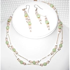 Green and Pink Double Strand Necklace and Earrings