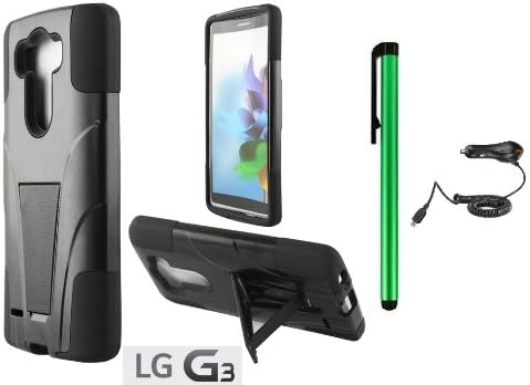 LG G3 Premium T-Stand / Side-Stand Hybrid Holster Design Protector Hard Cover Case (For 2014 LG New Flagship Android Phone) + Car Charger + 1 of New Assorted Color Metal Stylus Touch Screen Pen (BLACK / BLACK)