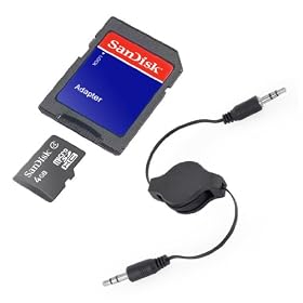 SanDisk 4GB Class 4 MicroSD Memory Card with SD Adapter and Audio Auxiliary Retractable Cable