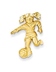 14K YG Solid Satin Diamond-cut Open-Backed Girl Soccer Player Charm Pendant