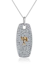 Sterling Silver Two-Tone Rhodium and Yellow Gold Plated Cupid and Crystal Chain Pendant Necklace, 18"