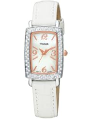 Pulsar Womens PTC503 Crystal Case White Leather Strap White Mother-of-Pear Dial Watch
