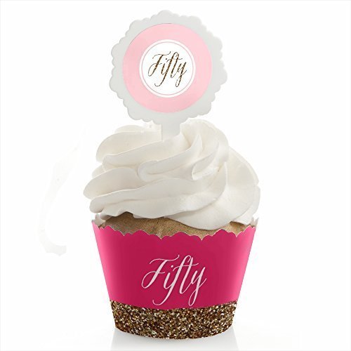 Chic 50th Birthday - Pink and Gold - Cupcake Wrapper & Pick Birthday Party Kit - Set of 24