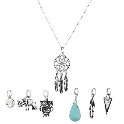 Lux Accessories Dreamcatcher Owl Elephant Spear Arrow Head Tribal Leaf Crystal Floral Interchangeable Charm Pendant Necklace (7 Charms)